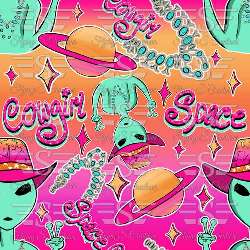 Alien. Space Cowboy. Space Cowgirl. UFO. Galaxy. Spaceship. Western. Punchy. Seamless file