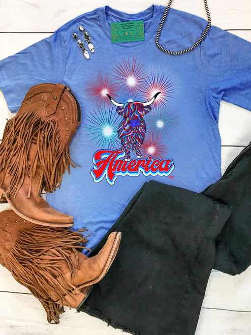 graphic tee, t-shirt, shirt, ranch, cattle, cattle women, rancher, western, punchy, ranchy, cowboy, cowgirl, Eat Beef, highland, cow, bull, fireworks, fourth of july, united stated, america