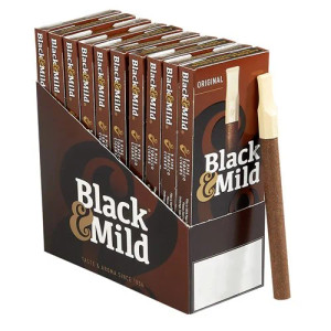 Black & Mild Original Plastic Tip cigars offer a blend of Cavendish, Burley, and Golden Virginia pipe tobaccos that deliver rich flavor and a sweet aroma without all the hassle of a pipe. This pipe-tobacco cigar provides the smooth and mellow smoke that you have come to expect from the finest cigars. For a reliable, everyday smoke, you can't go wrong with the Black & Mild Original Plastic Tip cigarillos. Black & Mild Original Plastic Tip cigars offer a blend of Cavendish, Burley, and Golden Virginia pipe tobaccos that deliver rich flavor and a sweet aroma without all the hassle of a pipe. This pipe-tobacco cigar provides the smooth and mellow smoke that you have come to expect from the finest cigars. For a reliable, everyday smoke, you can't go wrong with the Black & Mild Original Plastic Tip cigarillos.