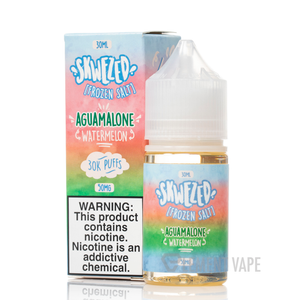 Refresh the senses with Frozen Aguamelone (Formerly ICED Watermelon) by Skwezed SALT, capturing the flavor of juicy watermelons enhanced with menthol in a nicotine salt concoction.
