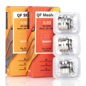 The Vaporesso QF Coils (3-Pack) uses the combination of cotton and flax materials for a long-lasting yet flavor-enhanced performance with the following coil options: 0.2ohm QF Meshed and 0.15ohm QF Strip, and 0.5ohm QF CCELL. The Vaporesso QF Coils (3-Pack) uses the combination of cotton and flax materials for a long-lasting yet flavor-enhanced performance with the following coil options: 0.2ohm QF Meshed and 0.15ohm QF Strip, and 0.5ohm QF CCELL.