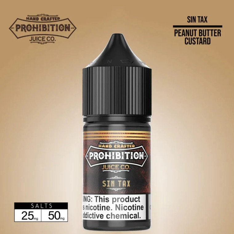 Sin Tax SALT by Prohibition Juice Co. brings the rich, indulgent flavors of the beloved Sin Tax blend to a new level, now infused with salt nicotine for a smoother, more satisfying vape. This signature ejuice combines sinfully smooth peanut butter, luscious caramel, and velvety vanilla custard, creating a decadent dessert experience that’s perfect for vapers who crave sweetness.