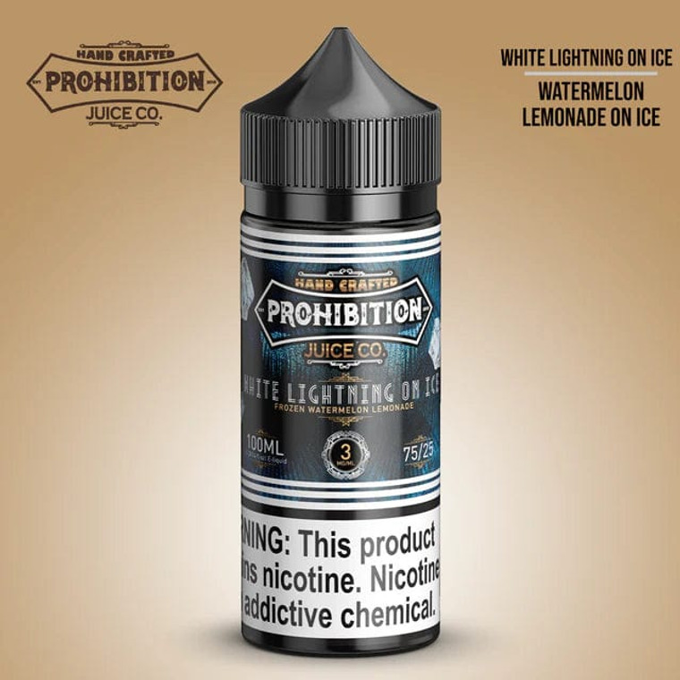 White Lightning on Ice by Prohibition Juice Co. turns up the chill on a classic favorite, blending sweet watermelon hard candies and tangy lemonade with a frosty menthol twist. 100ml 0mg