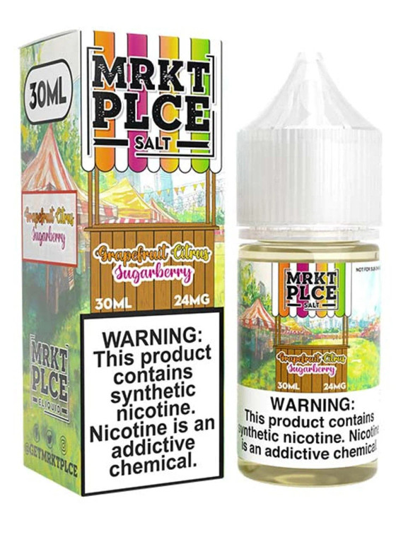 Unleash a burst of sunshine with MRKT PLCE Salts - Grapefruit Citrus Sugarberry! This vibrant 30ml bottle is a true citrus lover's dream.  30ml 48mg