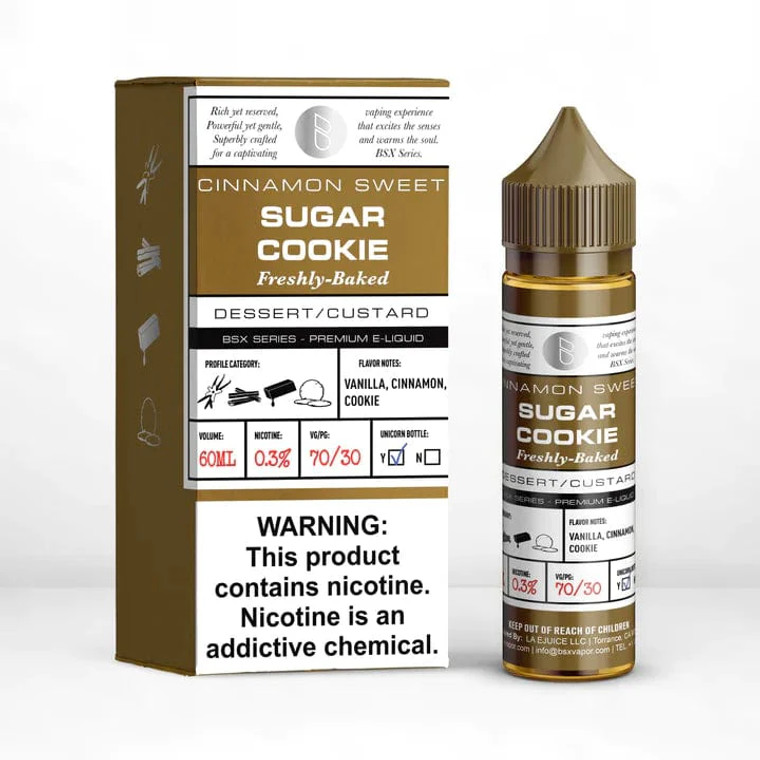 Transport yourself to the comforting ambiance of a cozy kitchen with our Sugar Cookie e-liquid from the BSX Series. Immerse your senses in the delightful aroma of freshly baked cookies as you indulge in each luxurious puff. With every inhale, you'll experience the warm, buttery essence of cookie dough straight from the oven, enveloping your palate in a blanket of rich, velvety sweetness.  60ml 6mg
