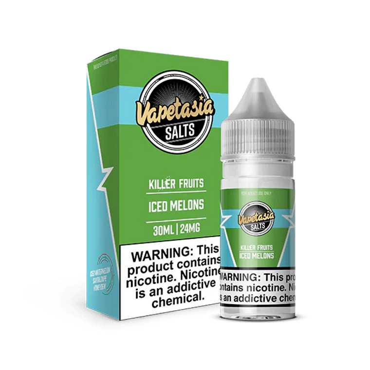 Experience the chill of a winter breeze mingling with the sweet succulence of ripe melons in ICED Killer Fruits Melons SALT by Vapetasia. This icy twist on a classic favorite brings together the refreshing flavors of watermelon, cantaloupe, and honeydew in a melon trifecta of icy sweetness.  30ml 24mg