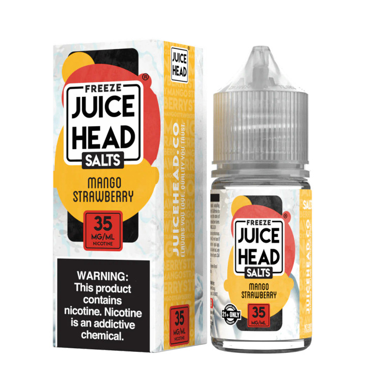 Experience the chilling embrace of Freeze Mango Strawberry by Juice Head Salts, a tantalizing nicotine salt blend that expertly combines the succulent essence of ripe mangoes with the sweet notes of sun-kissed strawberries.  30ml 50mg