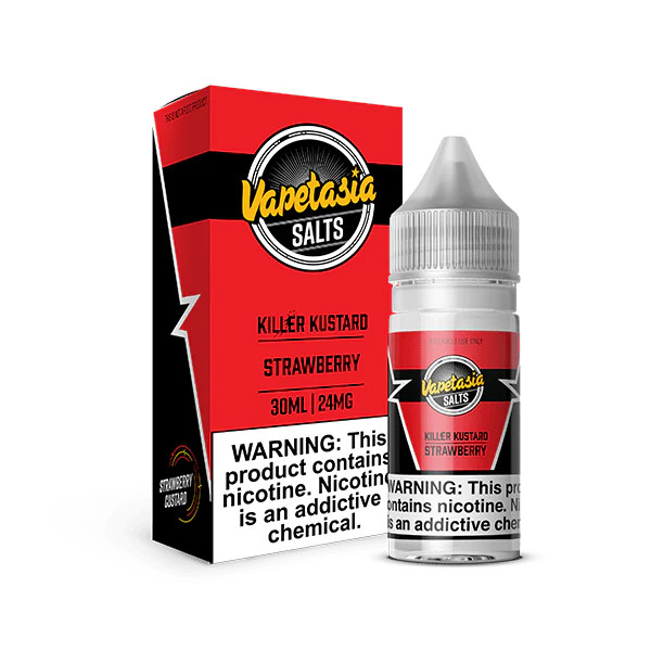 Satisfy your cravings with Killer Kustard Strawberry SALT by Vapetasia, a delectable fusion of sweet, ripe strawberry chunks and indulgent, creamy vanilla custard.