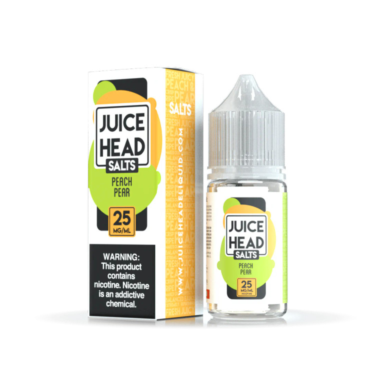 Indulge in the harmonious blend of Peach Pear by Juice Head Salts, a delectable nicotine salt e-liquid that marries the luscious sweetness of ripe peaches with the crisp and succulent flavor of juicy pears.  30ml 25mg