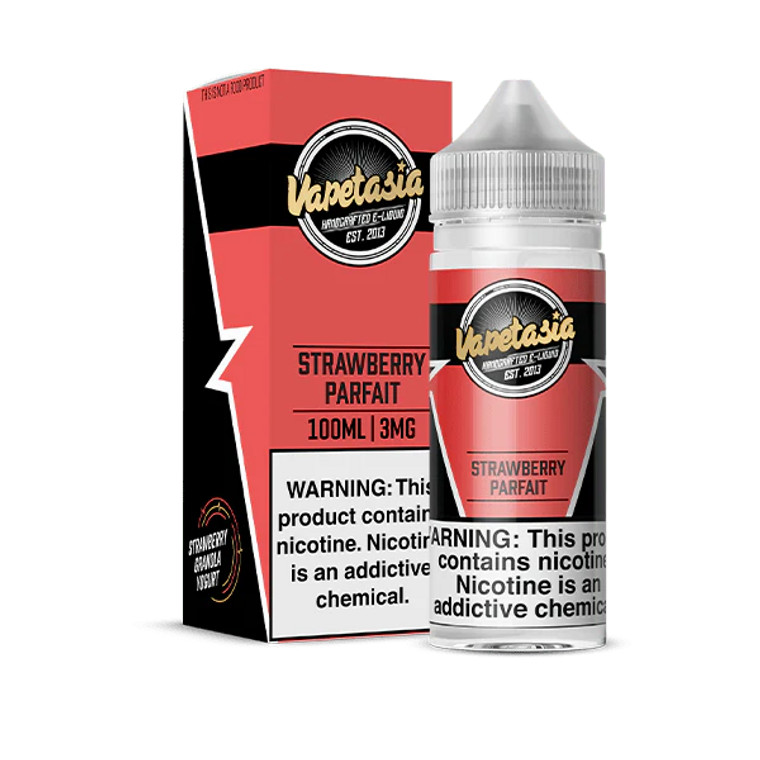 Introducing Strawberry Parfait by Vapetasia E-Liquids—a delectable blend that captures the essence of a classic parfait, perfect for any time of day. This gourmet vape delivers the deliciousness of fresh-cut strawberries and honey granola clusters, all layered with sweet and creamy yogurt 100ml 0mg