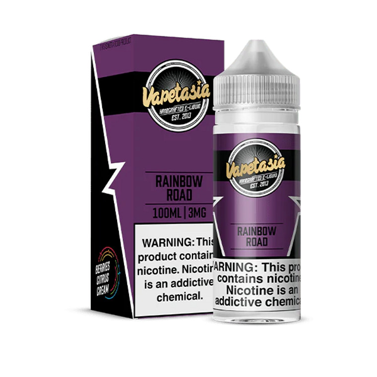 Rainbow Road vape juice by Vapetasia – a flavorful journey that will transport you back to the carefree days of Saturday morning breakfasts. Delight in the classic combination of fruity breakfast cereal and creamy milk, topped with a burst of fresh berries that will awaken your taste buds with each puff. 100ml 0mg