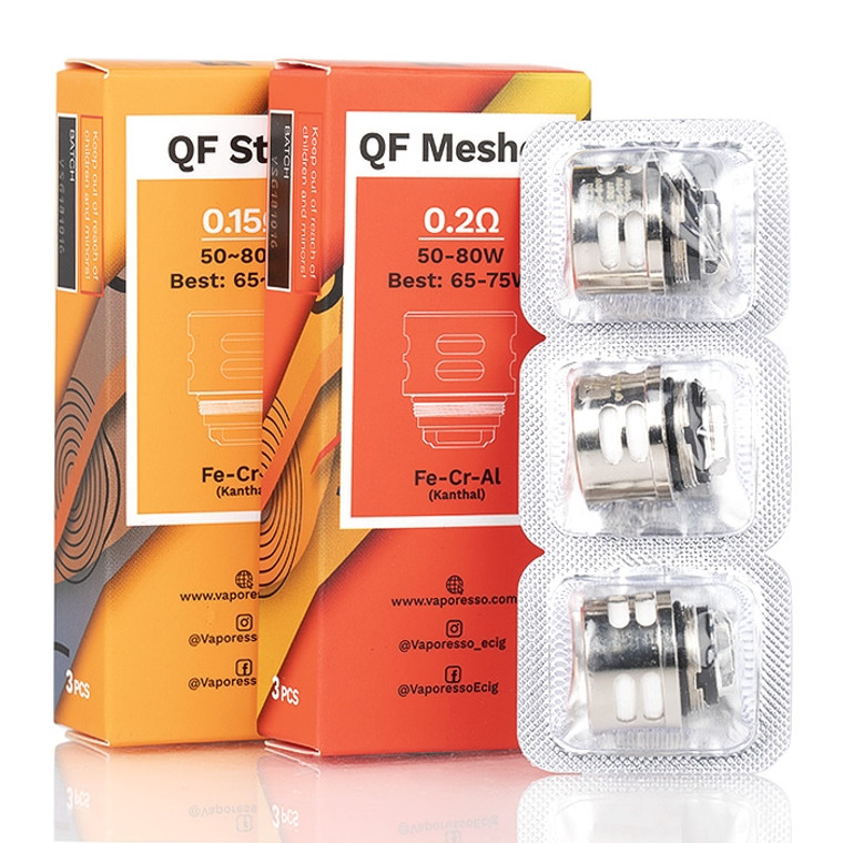The Vaporesso QF Coils (3-Pack) uses the combination of cotton and flax materials for a long-lasting yet flavor-enhanced performance with the following coil options: 0.2ohm QF Meshed and 0.15ohm QF Strip, and 0.5ohm QF CCELL. The Vaporesso QF Coils (3-Pack) uses the combination of cotton and flax materials for a long-lasting yet flavor-enhanced performance with the following coil options: 0.2ohm QF Meshed and 0.15ohm QF Strip, and 0.5ohm QF CCELL.