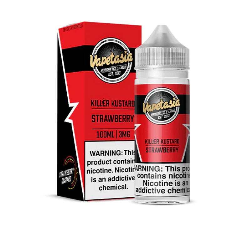 Killer Kustard Strawberry takes the already award-winning Killer Kustard base made by Vapetasia and blends in chunks of sweet, ripe strawberries to make a creamy, rich dessert vape with just the right amount of fruit. If you’ve been on the hunt for a sweet treat you can have any time, Killer Kustard Strawberry is one vape you don’t want to skip! Winner of Zamplebox’s Best Custard E-Liquid in 2017. 100ml 6mg