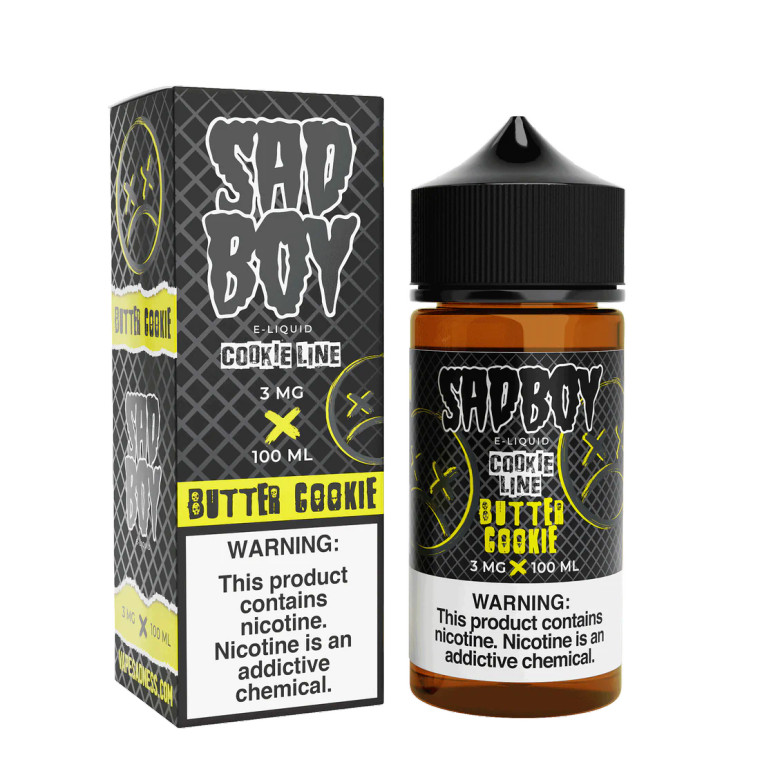 Life is just better with butter, lots of butter. Butter Cookie by Sadboy E-Liquid is a fresh from the oven crumbly butter cookie featuring a sweet golden brown butter flavor base. This rich tasting baked pastry is rounded off with a light lemon zest to balance the satisfying brown butter taste for a satisfying taste every time.  100ml 0mg