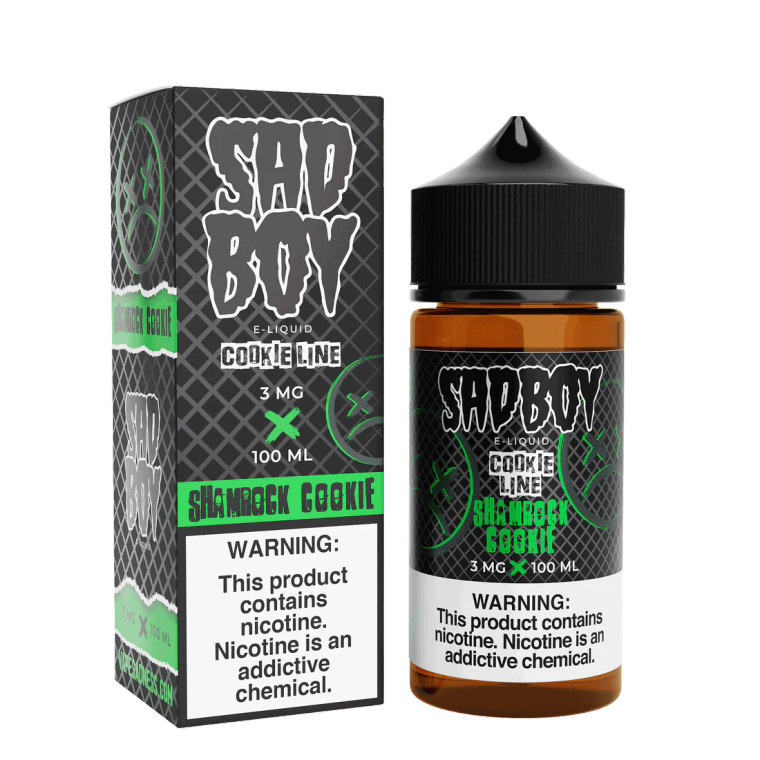 Experience the enchanting flavor of Shamrock Cookie by Sadboy E-Liquid, a delightful eJuice that takes a minty cream shake and blends it with a freshly baked cookie hot out of the oven. Immerse yourself in the deliciously minty bakery dessert vape that will bewilder your senses and leave you craving for more.  100ml 3mg