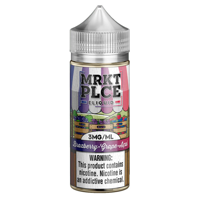 Brazberry Grape Açaí by MRKT PLCE is a paradisiacal blend of fresh grapes, luscious blueberries stuffed into raspberries, and a sprinkle of exotic tart Açaí that will razzle and dazzle your taste buds! The juicy grape and brazberry flavors elegantly intertwine, blended beautifully with a twirl of tart Açaí.  100ml 0mg