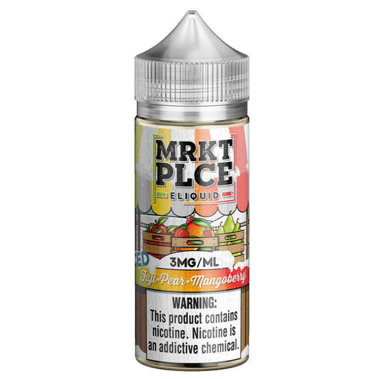 Iced Fuji Pear Mangoberry made by MRKT PLCE combines mouth watering tropical fruit flavors with a burst of cooling menthol. It's a refreshingly chill vape that blends crisp apple and pear with mango and mixed berries for a flavor that lasts all day long.  100ml 6mg
