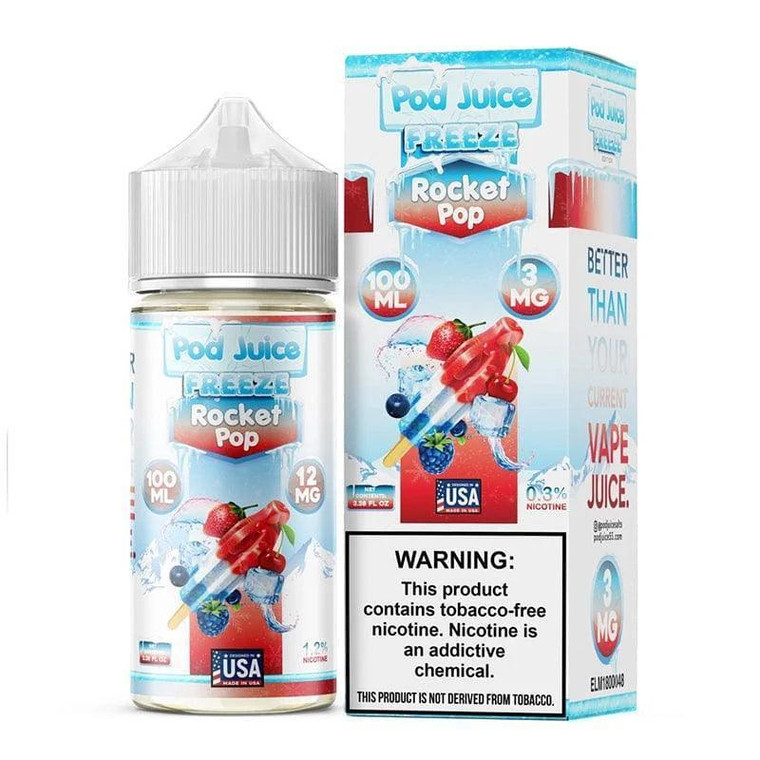 Rocket Pop Freeze offers the same delightful cherry, lime, and blue raspberry combination as the classic Rocket Pop but with an icy menthol twist. Each puff provides a refreshing, cool sensation paired with fruity flavors. Available in a 100mL bottle with nicotine levels of 0mg, 3mg, 6mg, and 12mg, this tobacco-free synthetic nicotine blend delivers an invigorating, chilled vape experience.  100ml 6mg