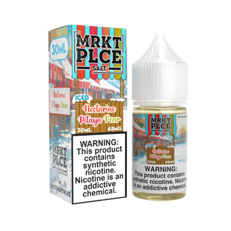 Indulge in the exotic and refreshing blend of ICED Nectarine Pitaya Pear SALT by MRKT PLCE, where luscious fruits meet an invigorating menthol twist.  30ml 24mg