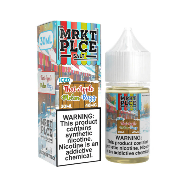Experience the crisp and refreshing fusion of ICED Thai Apple Melon Razz SALT by MRKT PLCE, a vibrant medley of fruits with a cool menthol finish.  30ml 24mg
