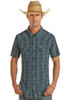 Men's Serape Aztec Woven Snap Short Sleeve Shirt Blue (TMN3S03509)