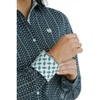 Cinch Women's Blue Print Long Sleeve Contrast Button Cotton Shirt
