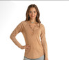 Ladies Henley Top With Sleeve Applique Detail Tan (LW22T03434)
