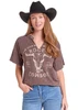 ROCK & ROLL COWGIRL Women's Rock & Roll Denim Oversize Studded Graphic T-Shirt In Brown 