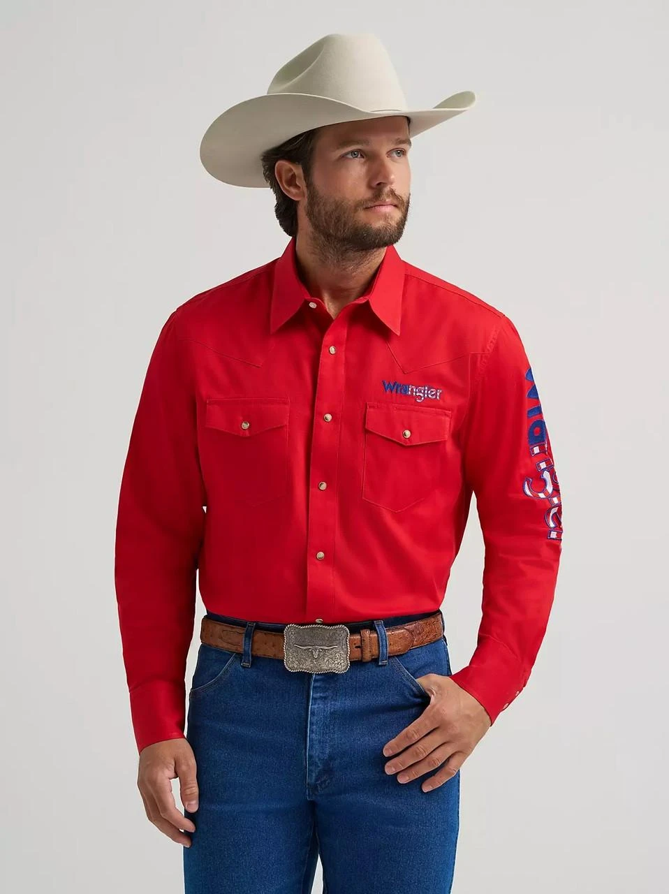 wrangler dress shirt Mens George Strait One Pocket pocket flaps and traditional snap closures Men's Wrangler Dialed Up Blue