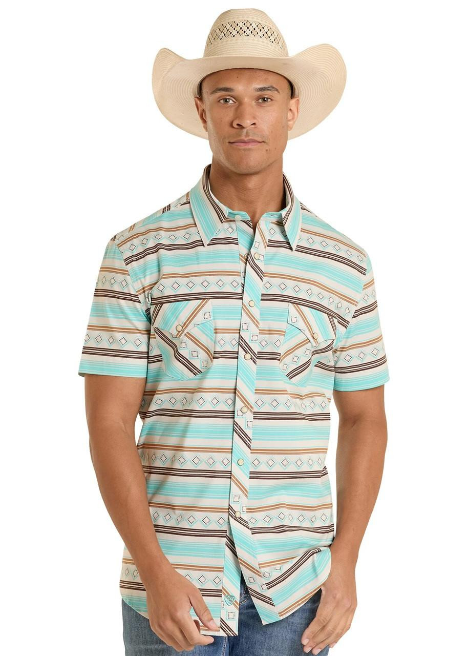 Rock Roll Denim Men's Striped Western Snap Shirt Teal Short Sleeve