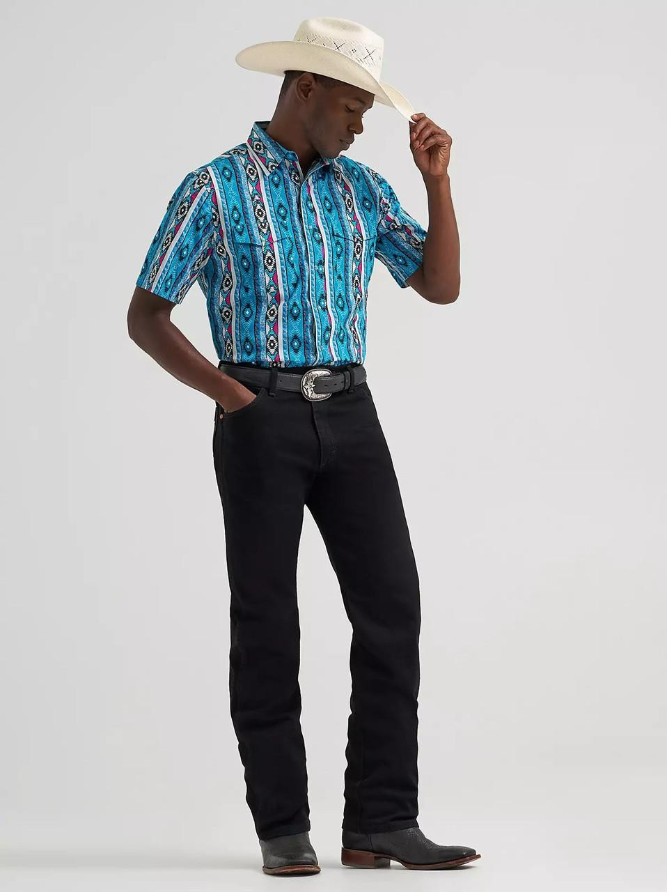 Wrangler Men's Checotah Short Sleeve Western Snap Shirt Blue