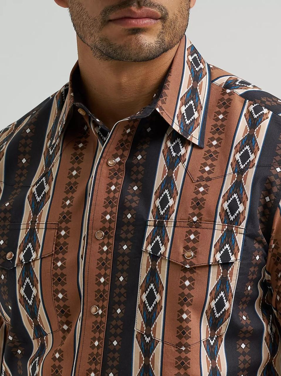【ブラウン（22）】INDIAN FABRIC PATTERN S/S SHIRTS Wrangler Men's Checotah Mocha Western Snap Printed Shirt | JW Stores