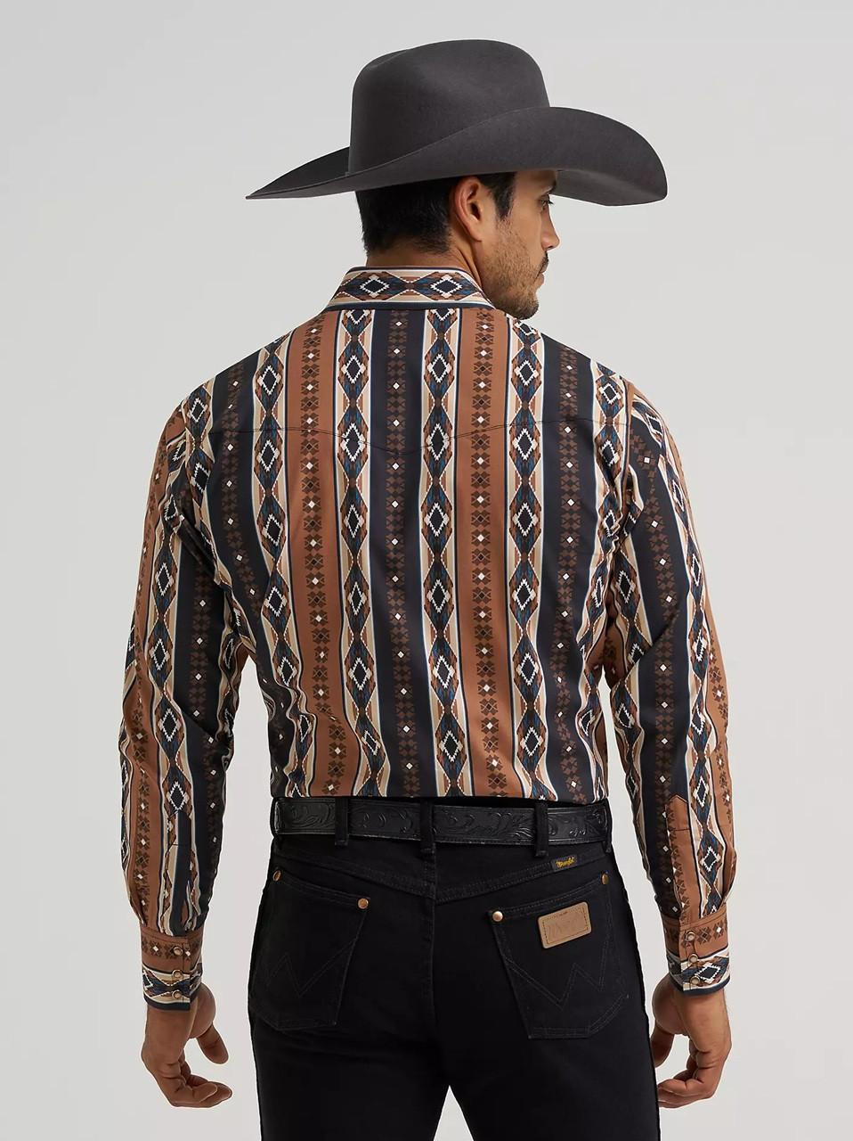Wrangler Men's Checotah Mocha Western Snap Printed Shirt | JW Stores