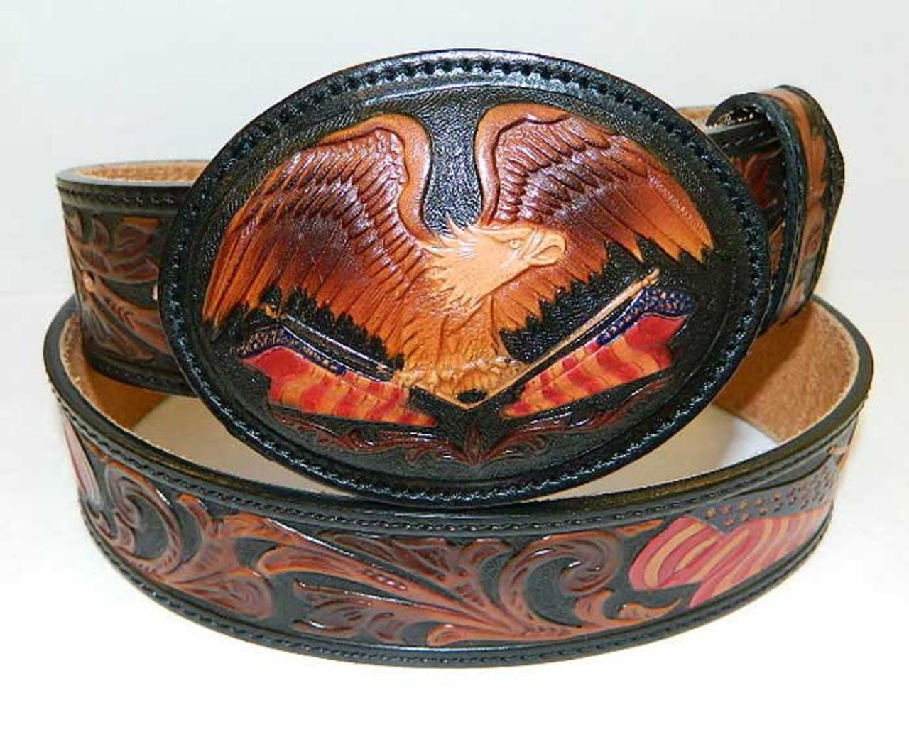 SILVER CREEK MEN'S AMERICAN EAGLE & FLAG BLACK TOOLED LEATHER WESTERN BELT  50603