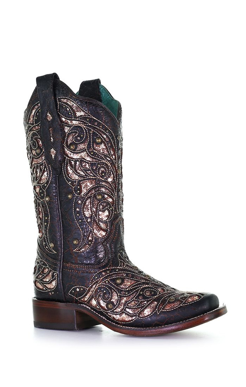 Corral A4127 Women's Embroidery Inlaid Black & Honey Western Cowgirl Boot