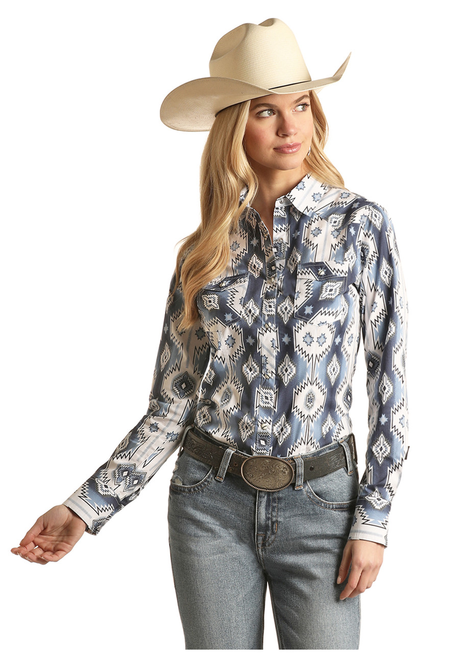 Rock & Roll Cowgirl Women's Blue Aztec Snap Western Shirt - Jackson's ...