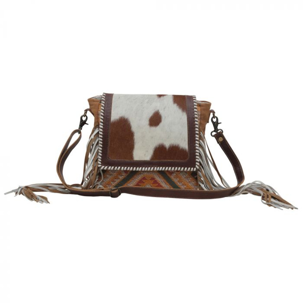 Cowhide Leather Crossbody Purse With Fringes Western Satchel