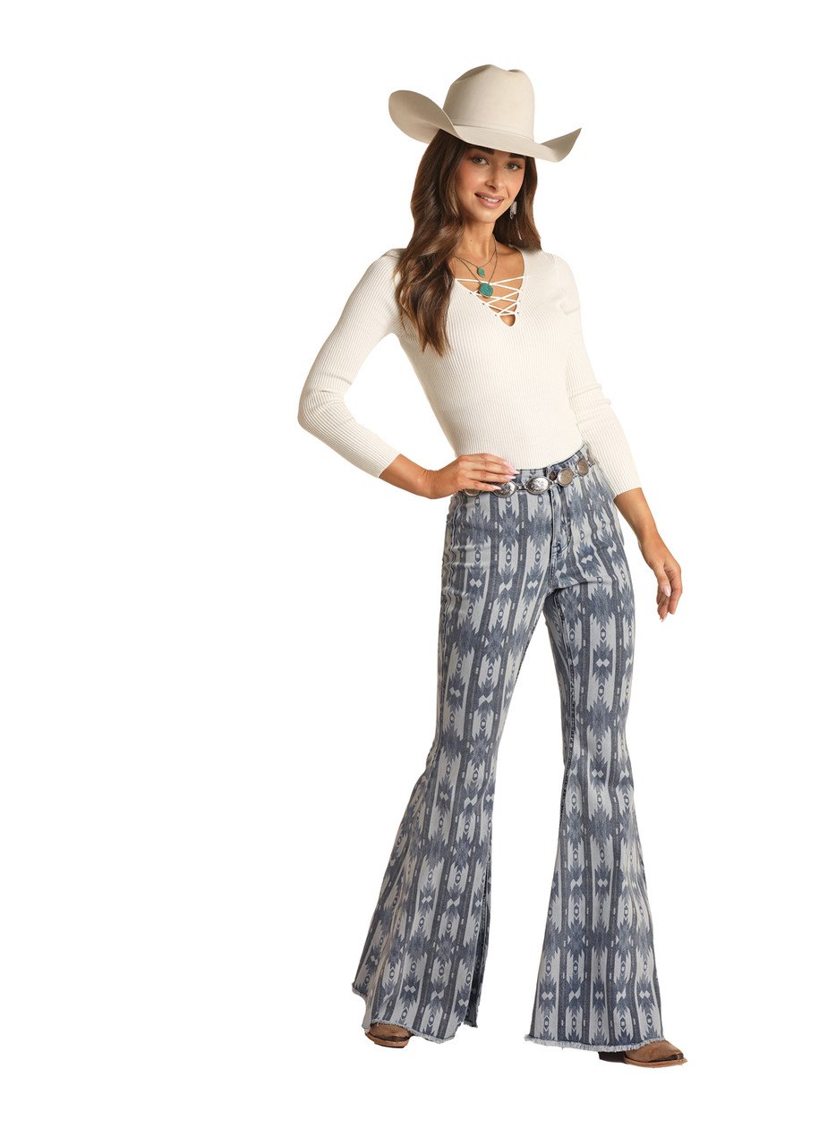 Womens High Rise Extra Stretch Aztec Print Bell Bottom Jeans  Rock and  Roll Denim