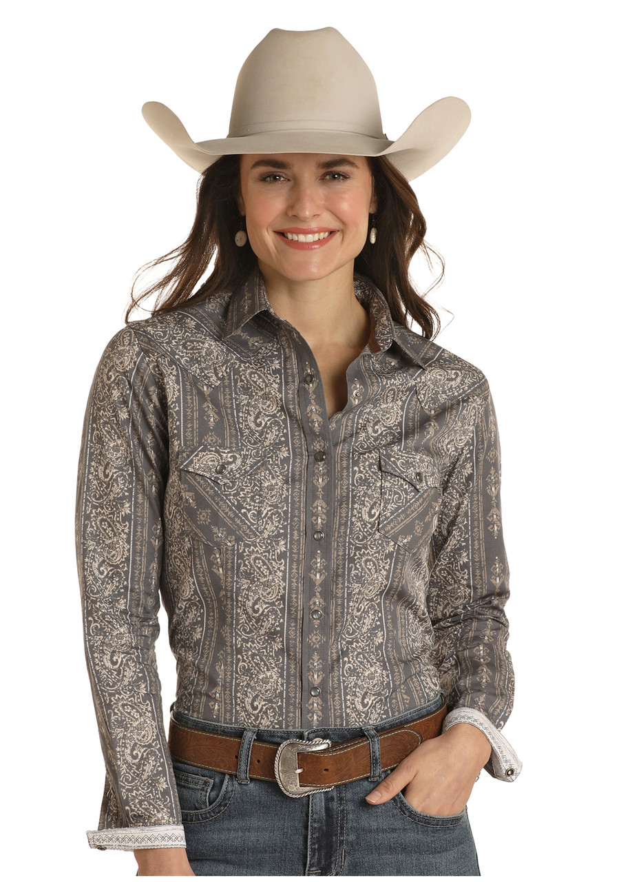 Panhandle Roughstock Women's Charcoal Paisley Snap Western Shirt ...