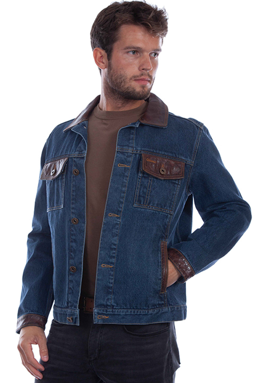 Scully Men's Vintage Leather Trim Denim Jean Western Jacket