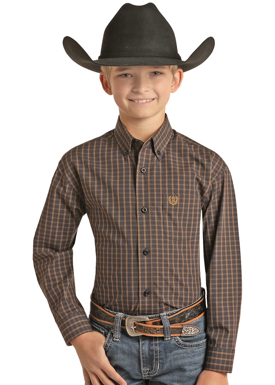 Panhandle Boy's Brass Check Plaid Button Long Sleeve Western Shirt