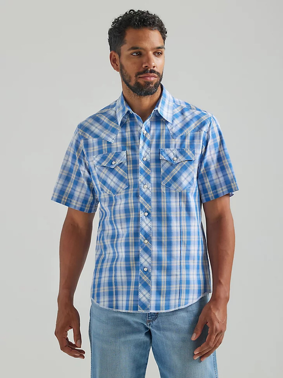 Wrangler Men's Blue Plaid Stitched Short Sleeve Snap Western Shirt -  Jackson's Western