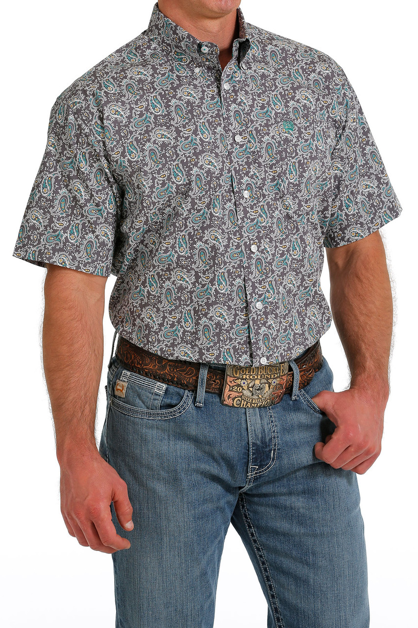 Cinch Men's Grey Turquoise Paisley Print Short Sleeve Western