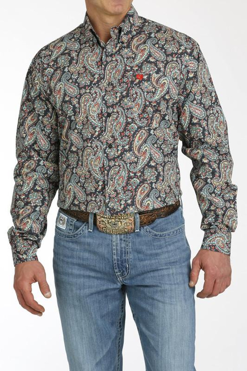 ぱ*ん様 ☆WAX☆Short soutine collar spring co Cinch Men's Charcoal Paisley Print Shirt | JW Stores