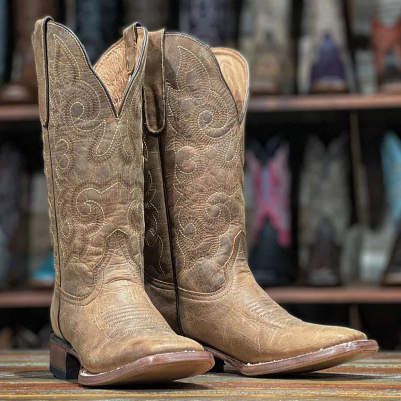 Powder Brown Round Up Wide Square Toe Western Boot Tanner