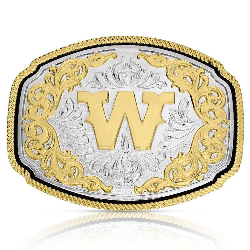 Montana Silversmith Engraved Western Belt Buckle. Initial C Silver Engraved Gold Trim Western Belt Buckle  main image 2