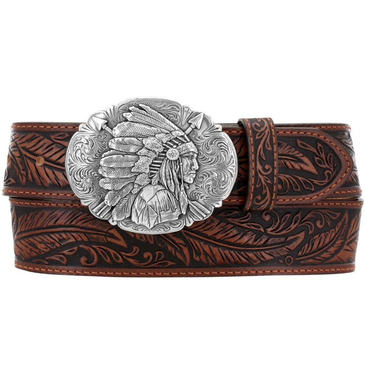 Tony Lama Mens Western Belt Leather Made in USA Tooled Ol Chief Buckle  C13704