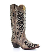 CORRAL Corral Women's Black & Brown Glitter Inlay Floral Overlay Snip Toe Cowboy Boot CORRAL Corral Women's Black & Brown Glitter Inlay Floral Overlay Snip Toe Cowboy Boot