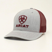 M & F Ariat Grey Burgundy Embroidered Logo Trucker Hat Ball Cap 