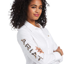 ARIAT Ariat Women's White With Leopard Logo Team Kirby Stretch Shirt ARIAT Ariat Women's White With Leopard Logo Team Kirby Stretch Shirt